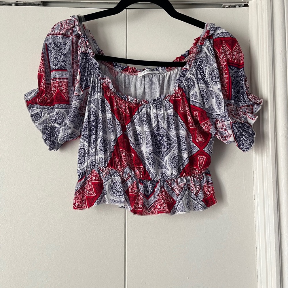 Persaya Peasant Top Ruffle Sleeve Smocked Waist Red White Blue Size M
